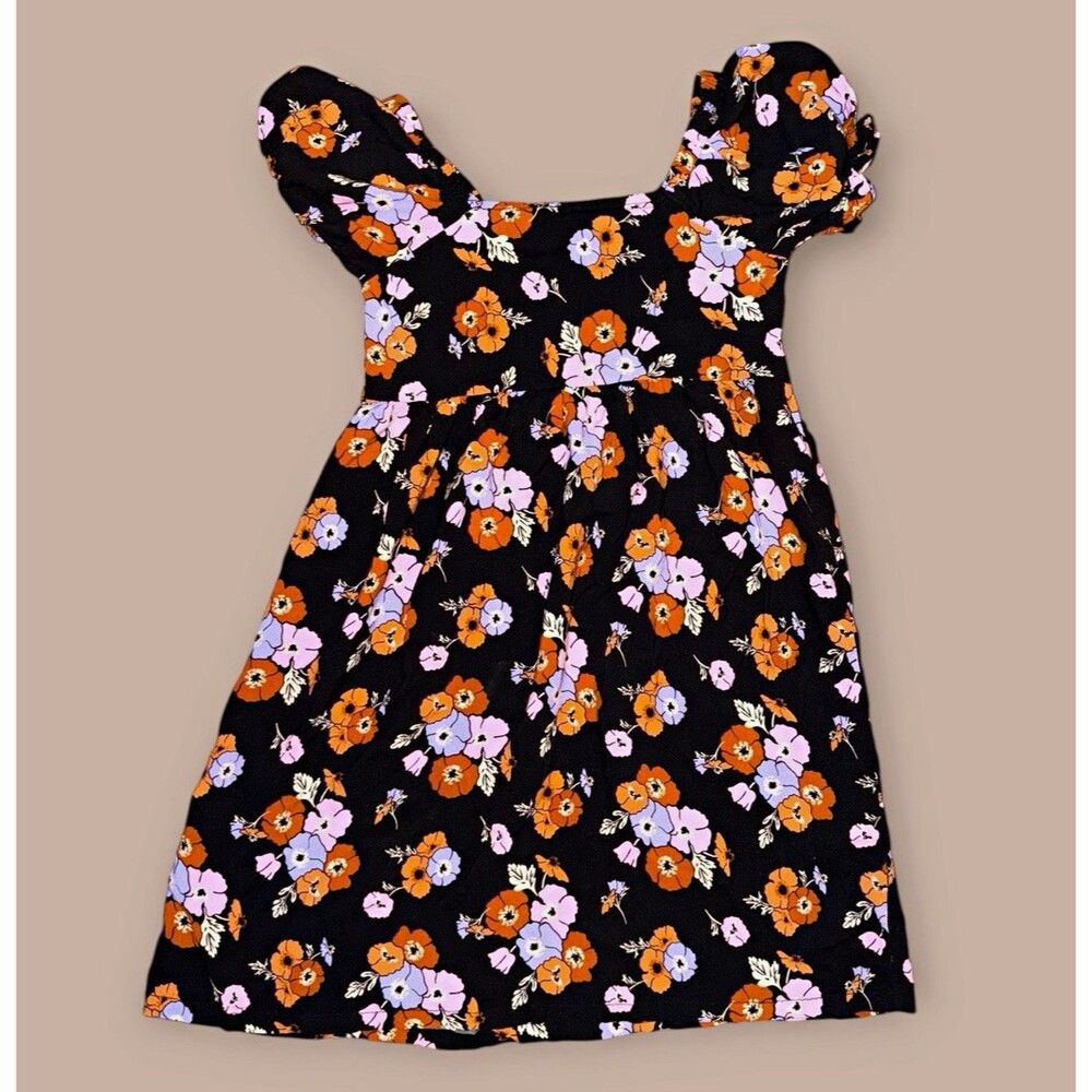 Fabkids Girls Size 10-12 Black Floral Knee Dress Square Neck Puff Sleeve Smocked